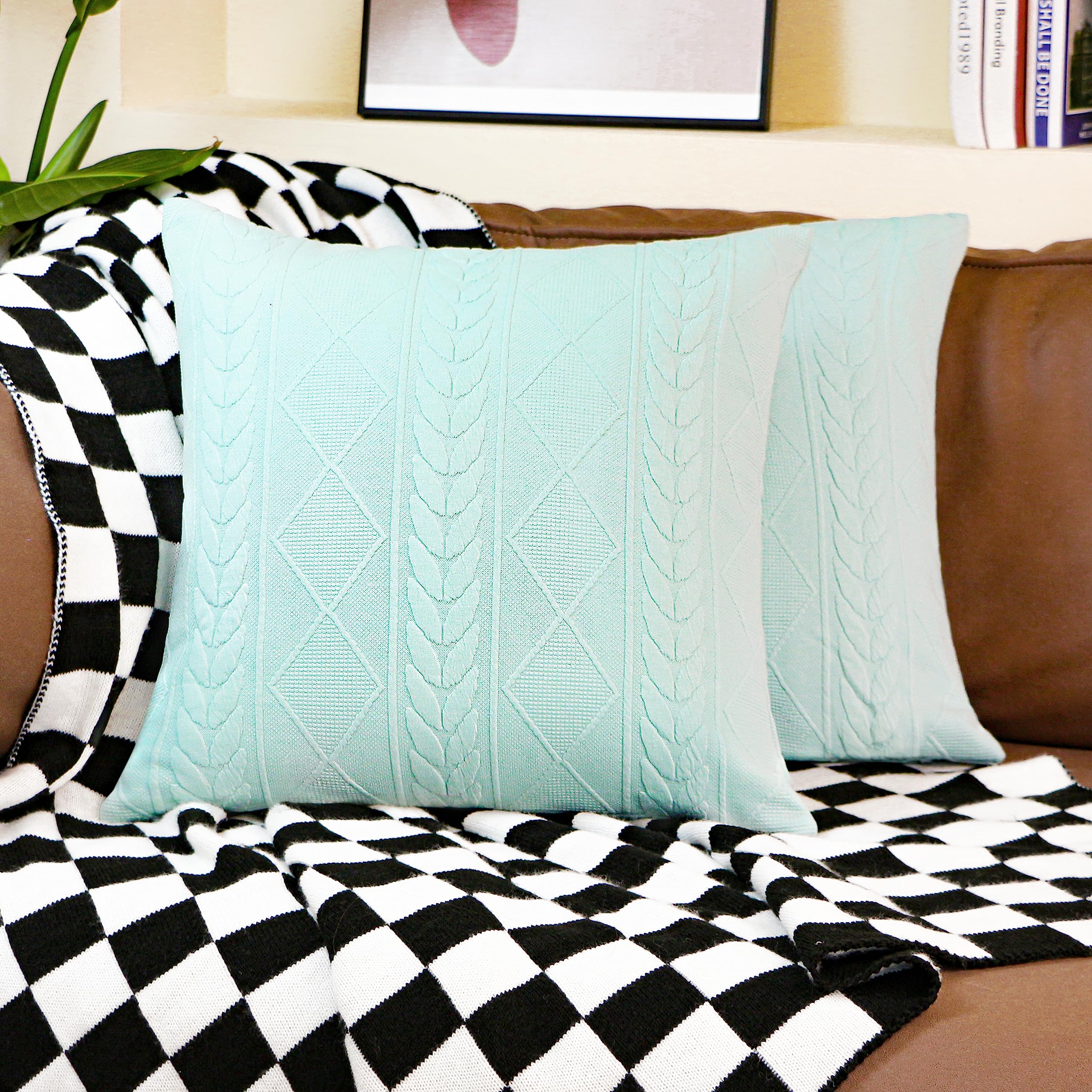 Photo 1 of Uhomy Set of 2 Light Turquoise Decorative Knit Throw Pillow Cover Soft Knit Stretchy Pillow Case, Modern Boho Pillow Covers Accent Embossed Patterned Sofa Cushion Cover for Couch Bed, 22 x 22 inch