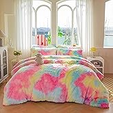 Roscloud Faux Fur Kids Girls Rainbow Comforter Sets Twin/Full - 3PC Bed Set Warm Comfortable Soft Plush Flannel Velvet Fluffy Fuzzy Bedding（Comforter x 1 Pillowcases x 2）