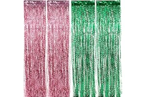 4 Packs Pink and Green Wavy Tinsel Foil Fringe Curtains, 6.56x3.28ft Fringe Backdrop Curtain Streamers Witch Party Decor Phot