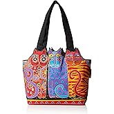 Zeckos Laurel Burch Medium Canvas Tote Zipper Top Satchel in Red Orange Blue for Women