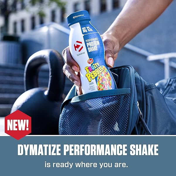 DYMATIZE PERFORMANCE PROTEIN SHAKE, FRUITY PEBBLES, 30G PROTEIN, 6.2G BCAA FOR MUSCLE RECOVERY, NO ADDED SUGAR, LOW FAT, 24 VITAMINS AND MINERALS, GLUTEN-FREE, READY TO DRINK, ON-THE-GO SNACK, 11.5FL OZ, 12 PACK