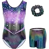 Gogokids Gymnastics Leotards for Girls Sparkly Rhinestone Dance Unitard with Shorts & Hair Scrunchie Activewear for 3–12Y