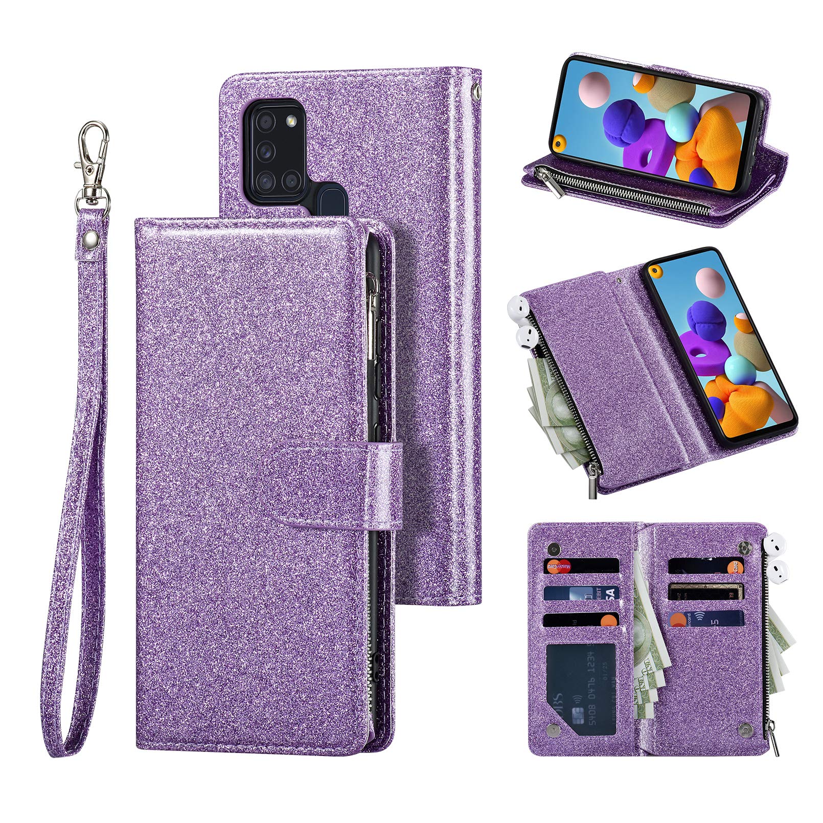 UEEBAI Wallet Case for Samsung Galaxy A21s, Premium Glitter PU Leather Case Magnetic Closure Bling Handbag Zipper Pocket Case Kickstand Card Holder Slots Shockproof Flip Cover - Purple#2