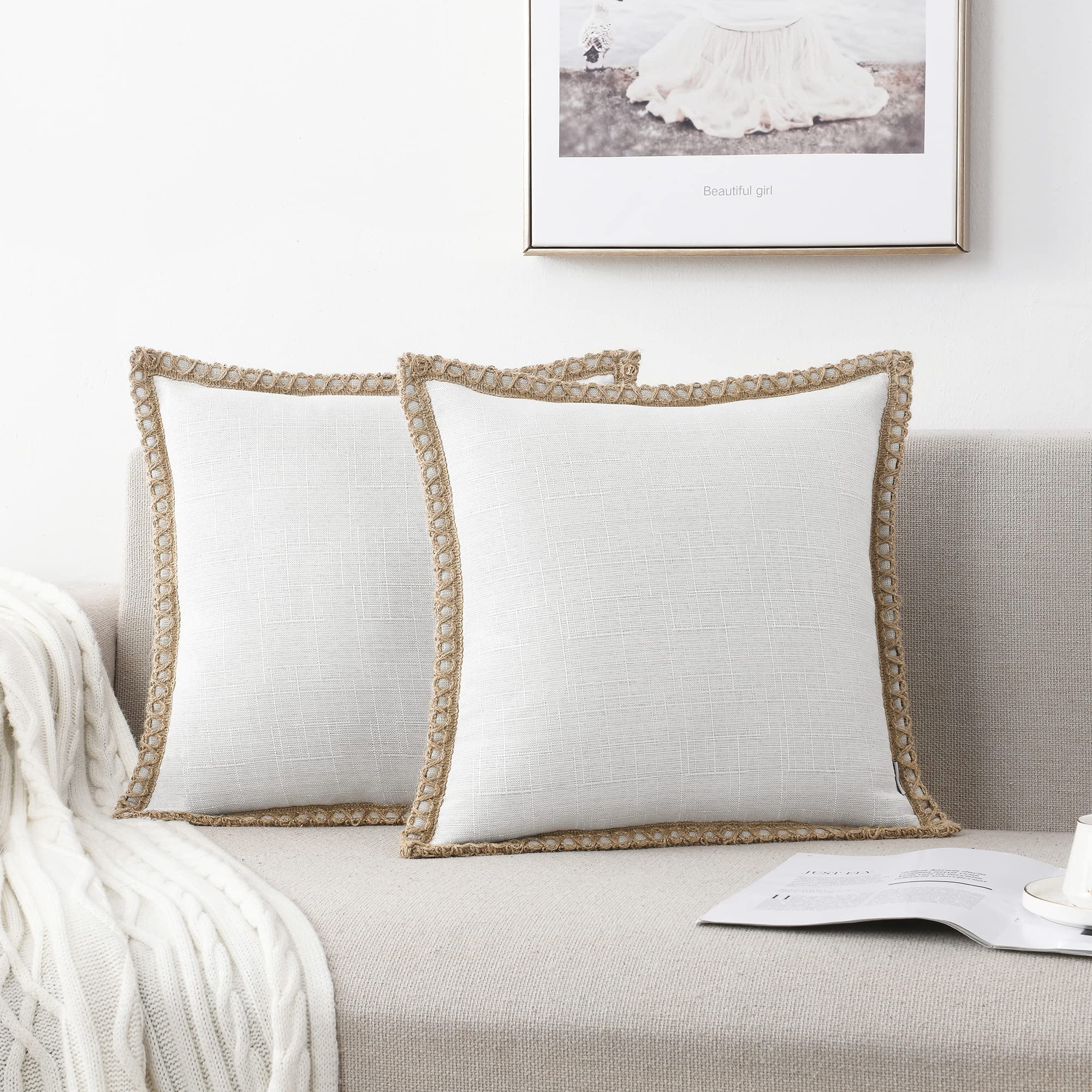 Set of 2 Farmhouse Throw Pillow Covers - Burlap Linen Trimmed Tailored Edges Decorative Cushion Covers for Bed Home Outdoor Decoration (2 Pieces, 22" x22", Off White/Linen Band)