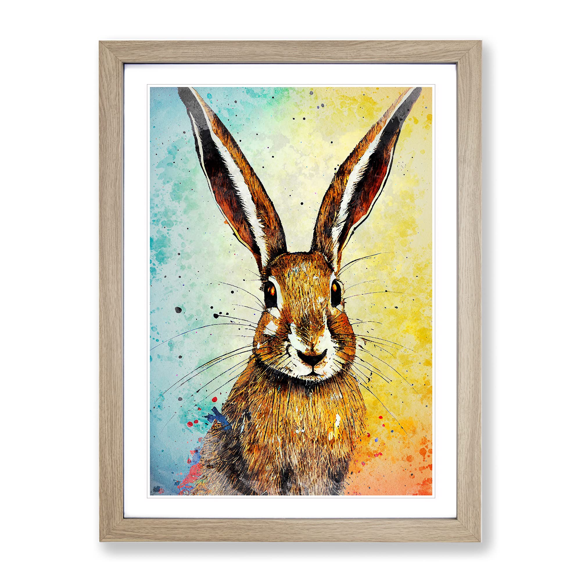 Colourful Watercolour Hare No.6 Framed Print | A3 Oak Framed Wall Art | Ready to Hang | Modern Animal Picture | Living Room Bedroom Lounge Office
