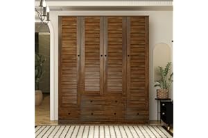 Hitow Wardrobe Armoire with 4 Louvered Doors, Wardrobe Cabinet for Hanging Clothes with 5 Drawers, Bedroom Armoire Dresser Wardrobe Clothes Organizer, Dark Walnut (59.1" W x 19.1" D x 70.5" H)