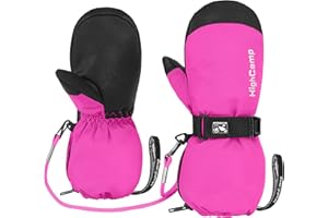HIGHCAMP Kids Waterproof Snow Ski Gloves w/Zipper & String on Long Cuff Cold Weather Mitten for Toddler & Youth Boys Girls