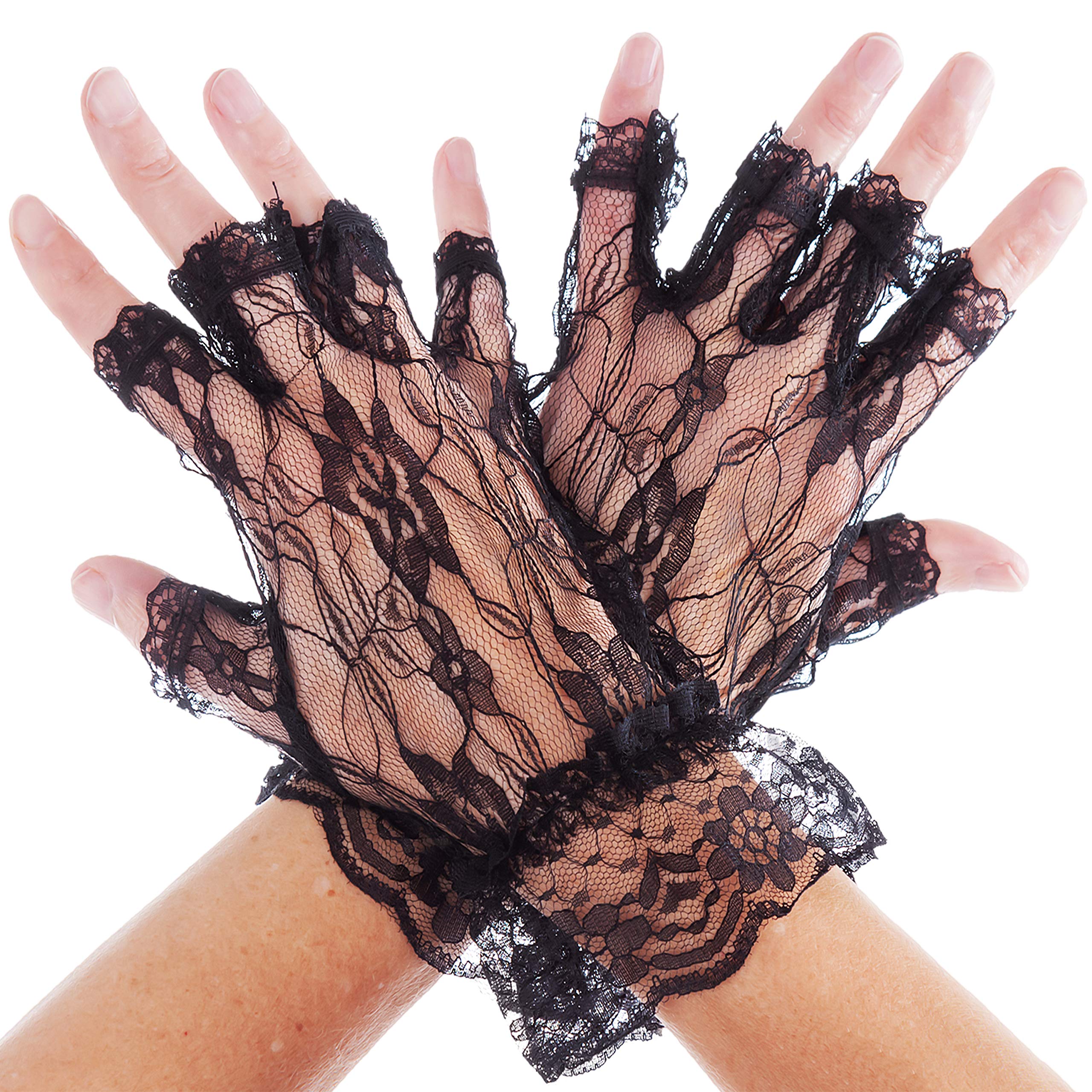 Ladies Black Fingerless Lace Gloves Halloween Party Accessory Fancy Dress Witch Glove