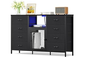 Decofy Dresser for Bedroom with LED Lights and Power Outlets, 8 Drawers TV Stand Dresser for 65 Inch TV, Fabric Chest of Drawers with Open Shelves, Black Dressers for Bedroom, Closet