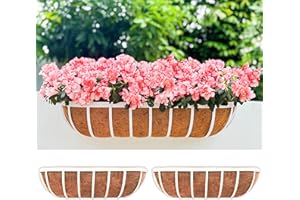 LaLaGreen Window Planter Box (24 Inch, 2 Pack) White Metal Deck Railing Flower Boxes with Coco Liners, Rectangular Wall Plant