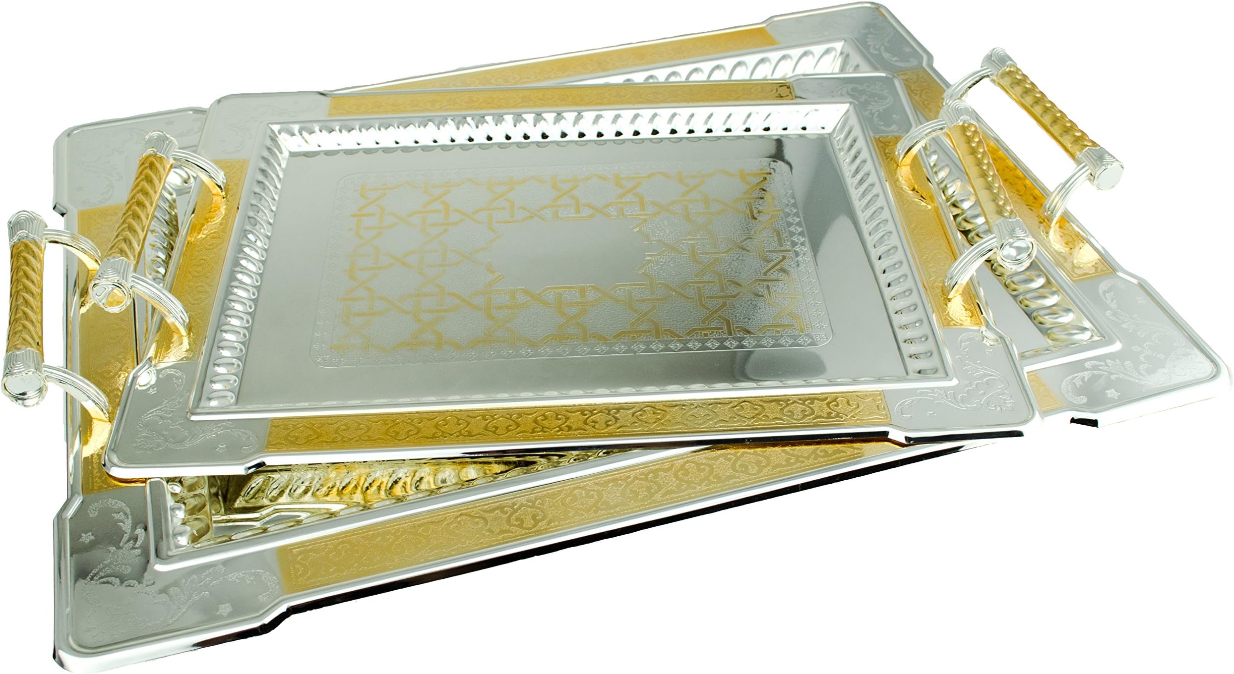 2-Piece Cordoba Rectangle Decorative Serving Tray Set, Silver/Gold