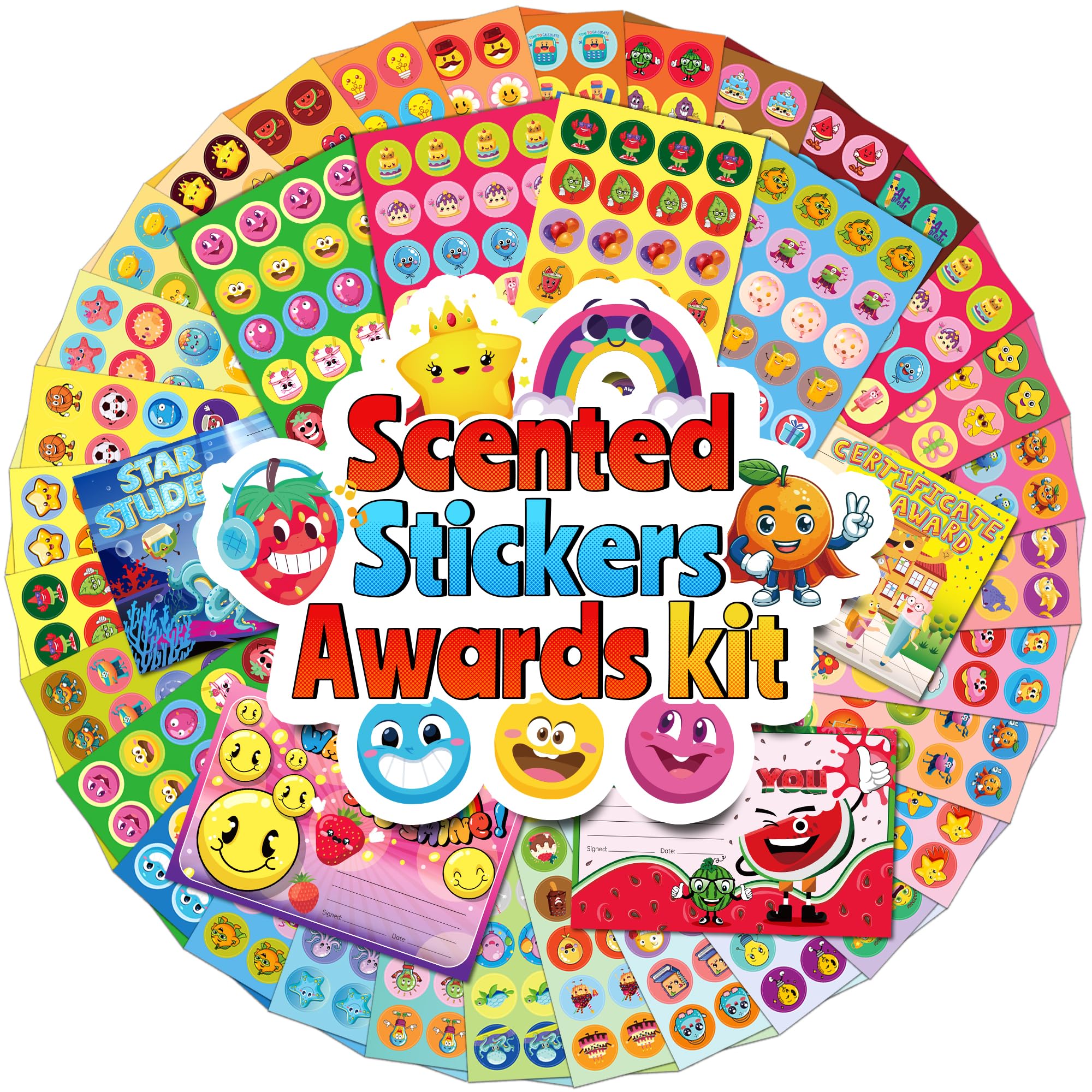 HORIECHALY Scented Stickers with Award Certificates for Kids, 32 Sheets Scratch and Sniff Stickers & 16 Reward Cards for School, 8 Scents Smelly Motivational Awards Kit for Teachers, Parents, Students