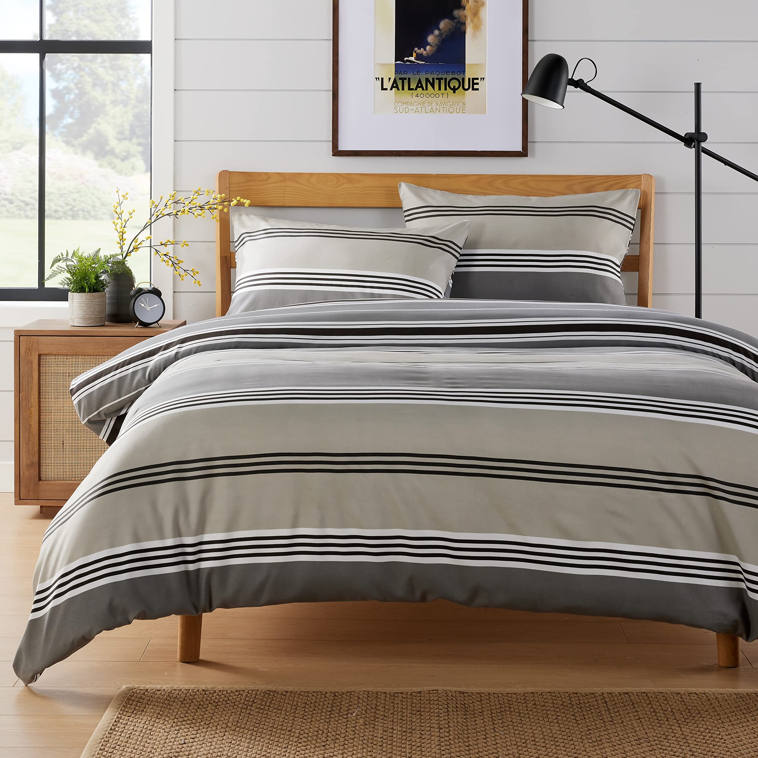 Olivia Rocco Easy Care Printed Duvet Cover Set 100% Polyester Breathable Stylish Comforter Reversible Quilted Bedding Bed Sets With Pillowcases HARLOW STRIPES DUVET SET, GREY DOUBLE โ image 1