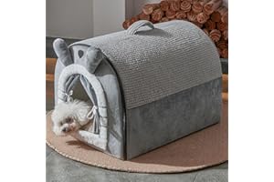Jiupety Small Dog House Indoor, Dog Cave with Door Curtain Design, Puppy House with Reversible Washable Cushion, M Size Portable Pet Cave for Small Dogs Up to 10 Lbs, Non-Slip Bottom, Grey