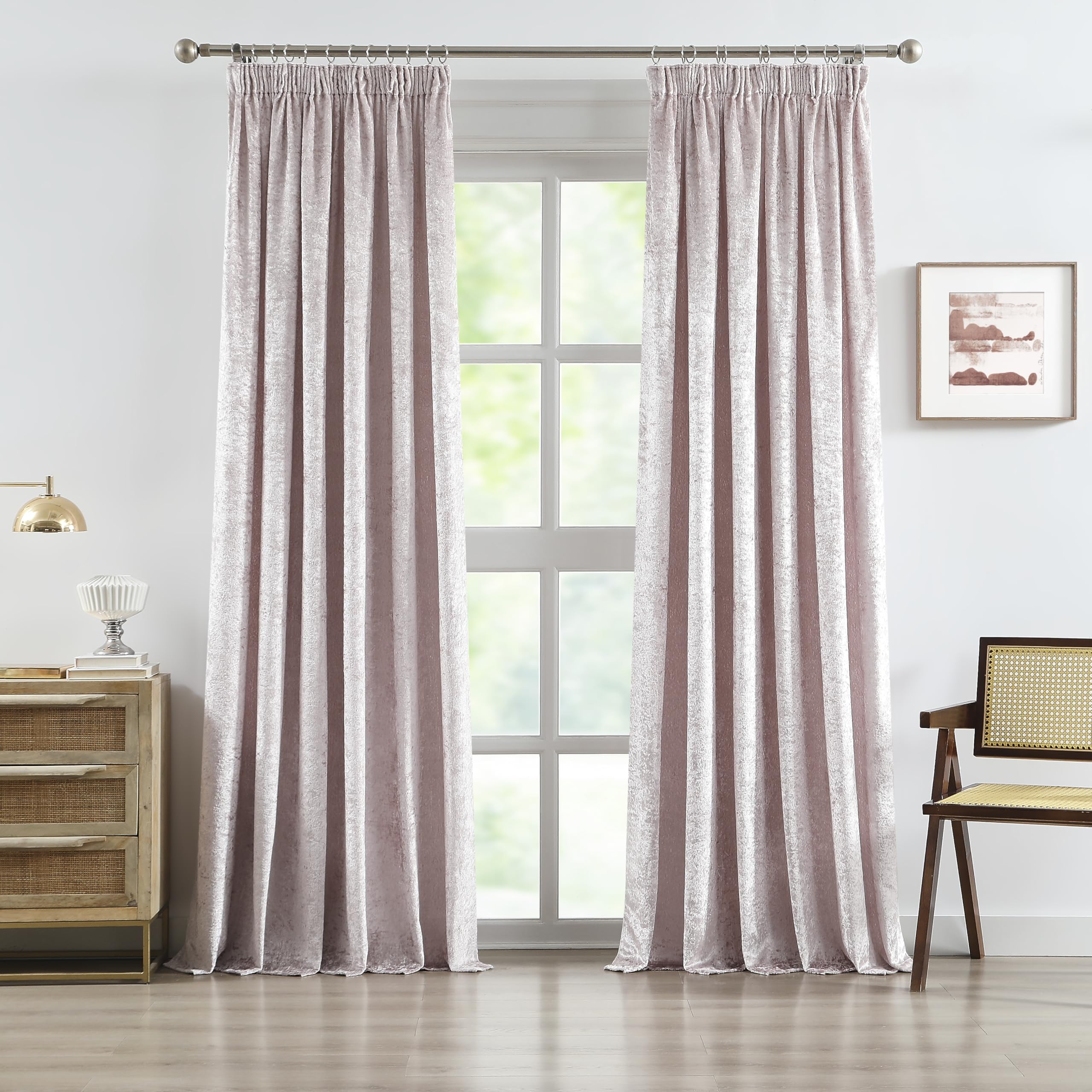 Bujasso Pink Velvet Room Darkening Curtains 72 inch Crushed Velvet with Microfiber Lining Window Curtains for Living Room Bedroom Pencil Pleat Window Drapes Set of 2 Panels W66 x L72 Pink