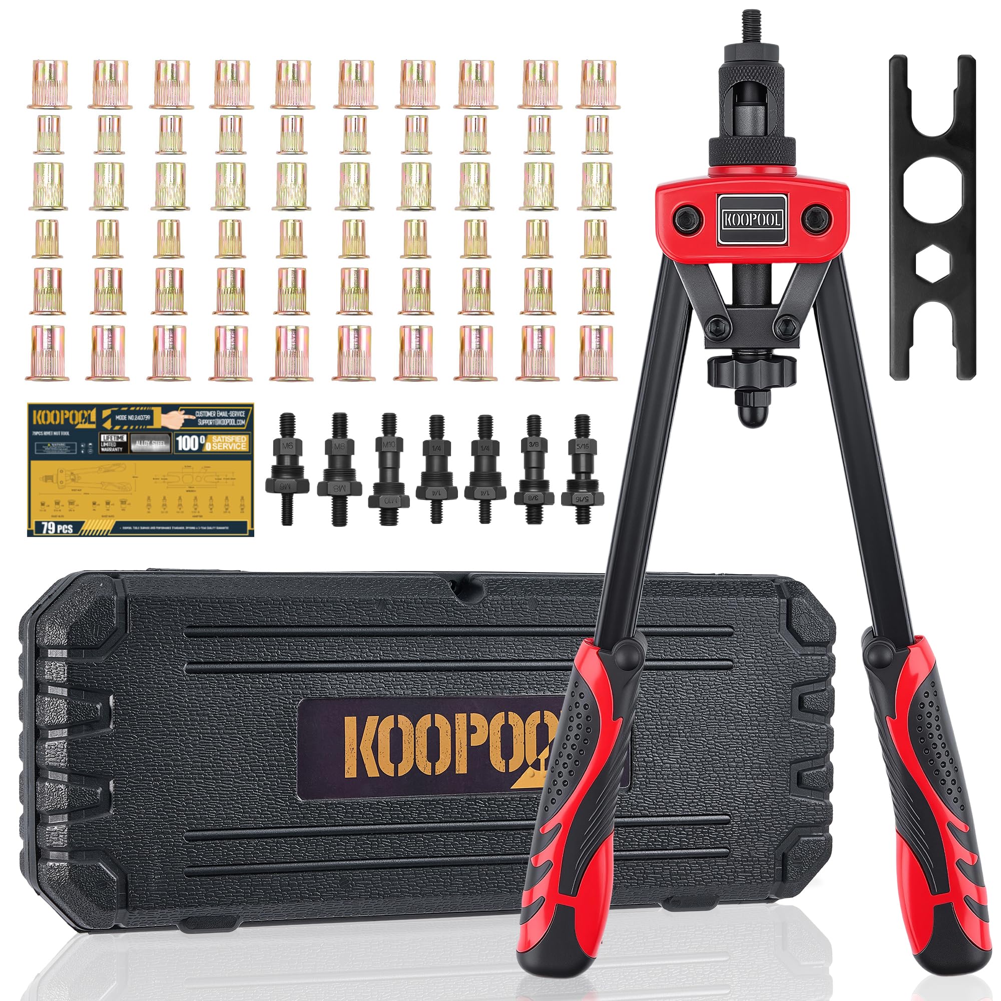 Photo 1 of KOOPOOL 14" Rivet Nut Tool Kit, Heavy-Duty Rivnut/Nutsert Tool with 7 Mandrels (M6, M8, M10, 1/4"-20×2, 5/16"-18, 3/8"-16) & 70 Rivet Nuts, Rugged Rivnut Tool Kit with Carrying Case (14")