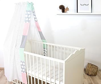 ULLENBOOM ® Baby-Betthimmel Elefant Mint Rosa (135x200 cm Baldachin, Baumwolle, für 60x120 cm & 70x140 cm Kinderbett, Motiv: 