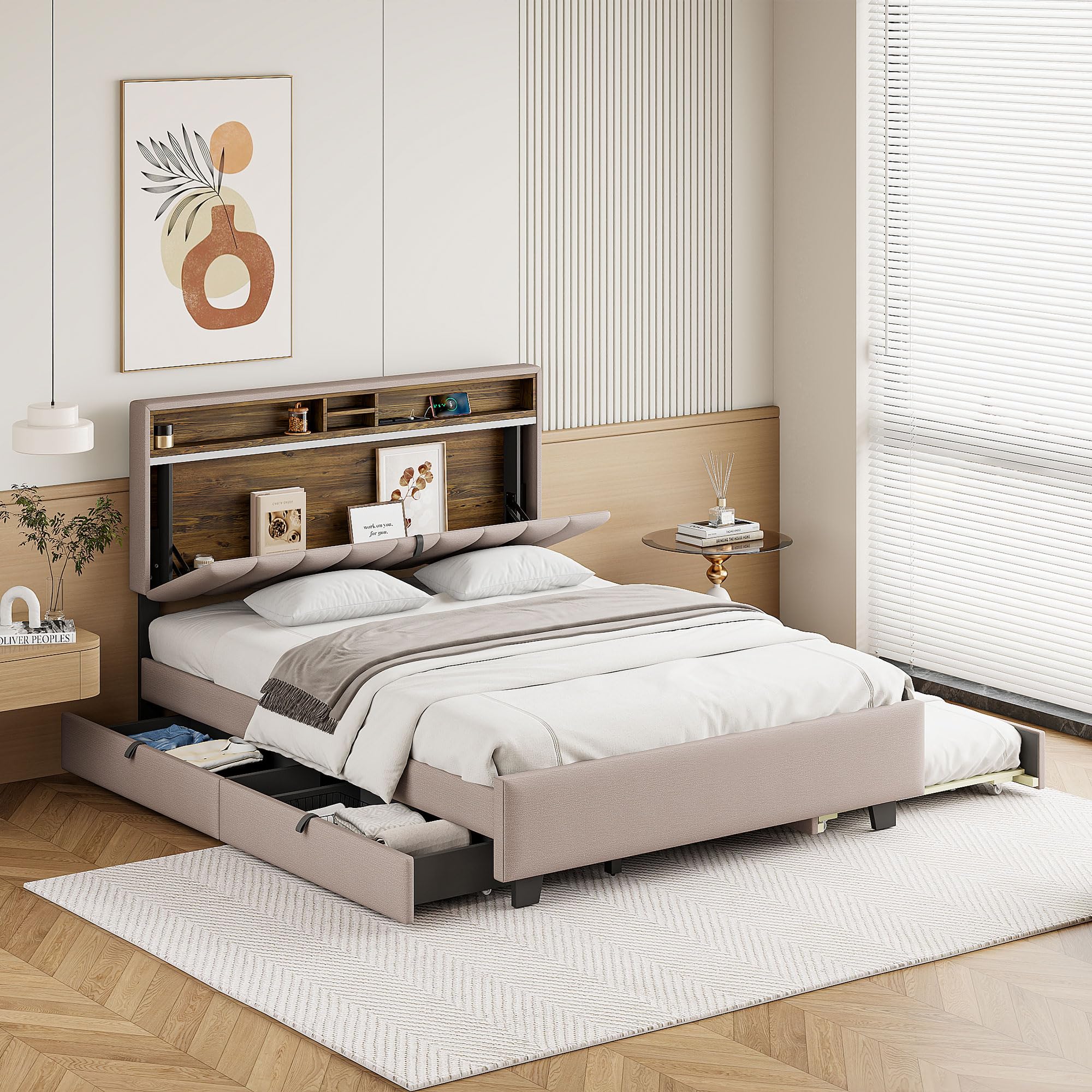 Photo 1 of ****NO BEDFRAME THIS LISTING IS FOR A HEADBOARD ONLY****Merax Queen Bed Frame with Storage Headboard, Upholstered Linen Platform Beds with Trundle & 2 Drawers, Built-in Charging Station, Beige