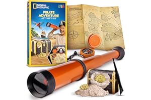BLUE MARBLE National Geographic Pirate Adventure Activity Kit – Dig for Treasure, Make a Pirate Hat & Map, Includes Spyglass, Compass, Replica Doubloon & Pyrite, STEM Toys, Telescope for Kids