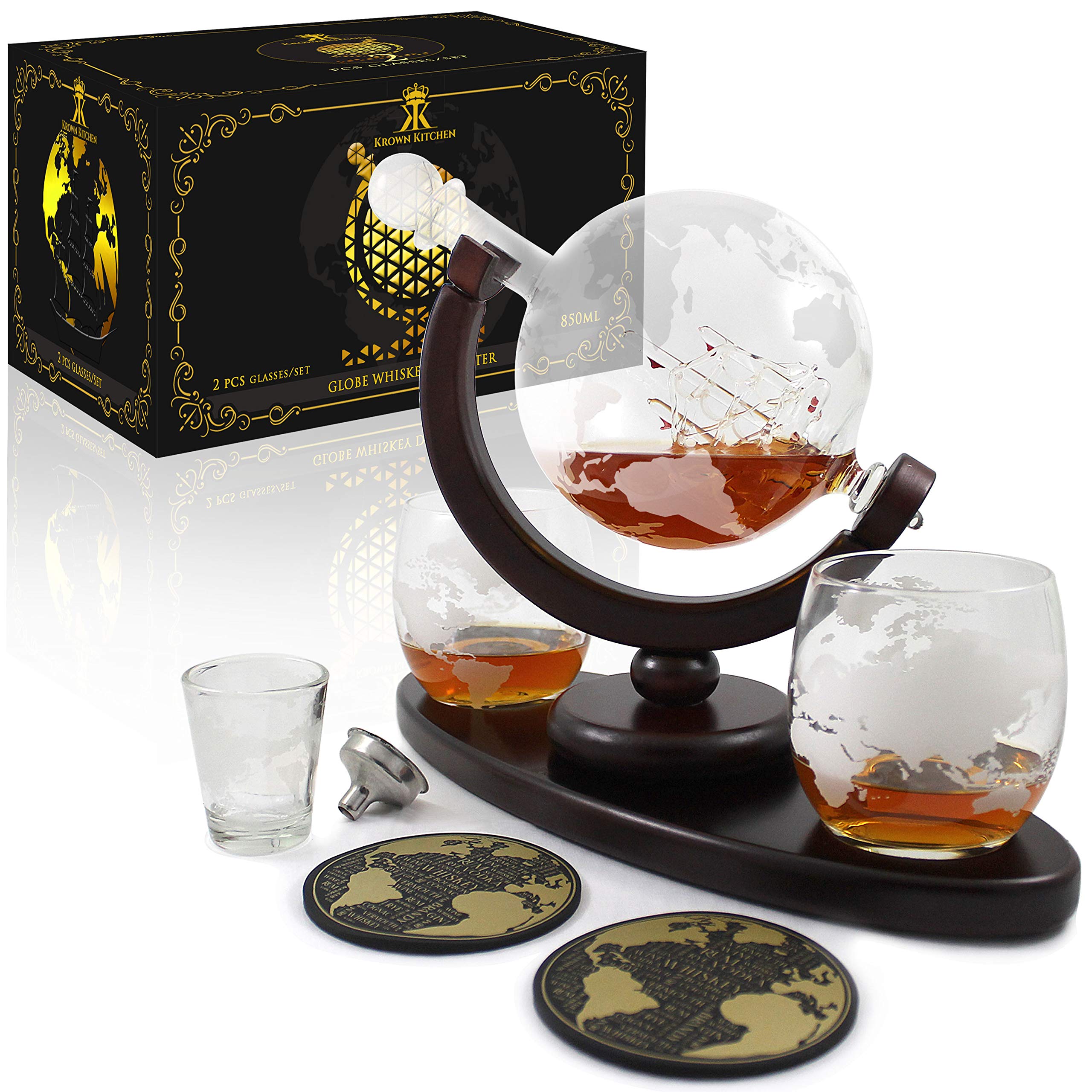 Krown Kitchen - Globe Decanter Gift Set. Includes Wood Base, 2 Glasses, 2 Coasters, Shot Glass, and Funnel