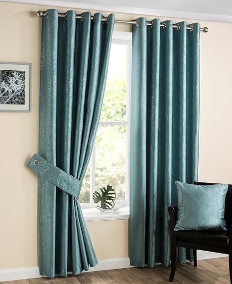 Modern Retro Metallic Print Ready Made Faux Silk Eyelet Curtains