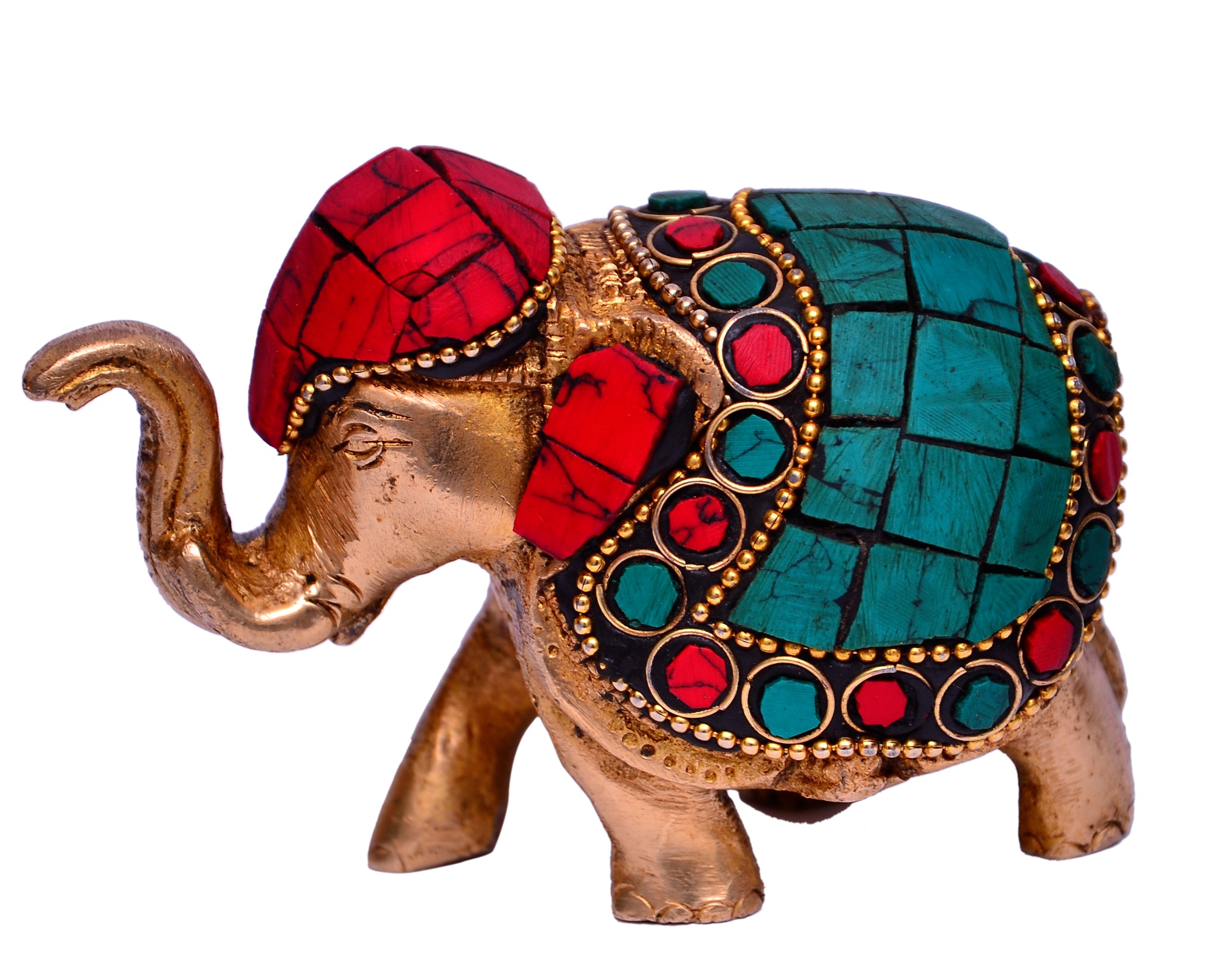 Purpledip Brass Metal Elephant Statue Showpiece with Gem-stone Work: Feng Shui Good Luck Symbol or Royal (10635)