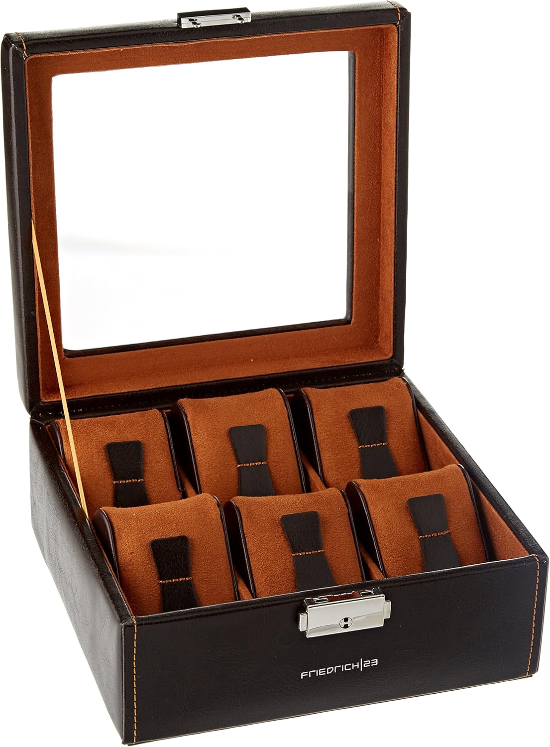 Friedrich23 Uhrenkoffer – Uhrenkasten Bond in braun mit Glasdeckel – Platz für 6 Uhren – abschließbar – Feinsynthetik