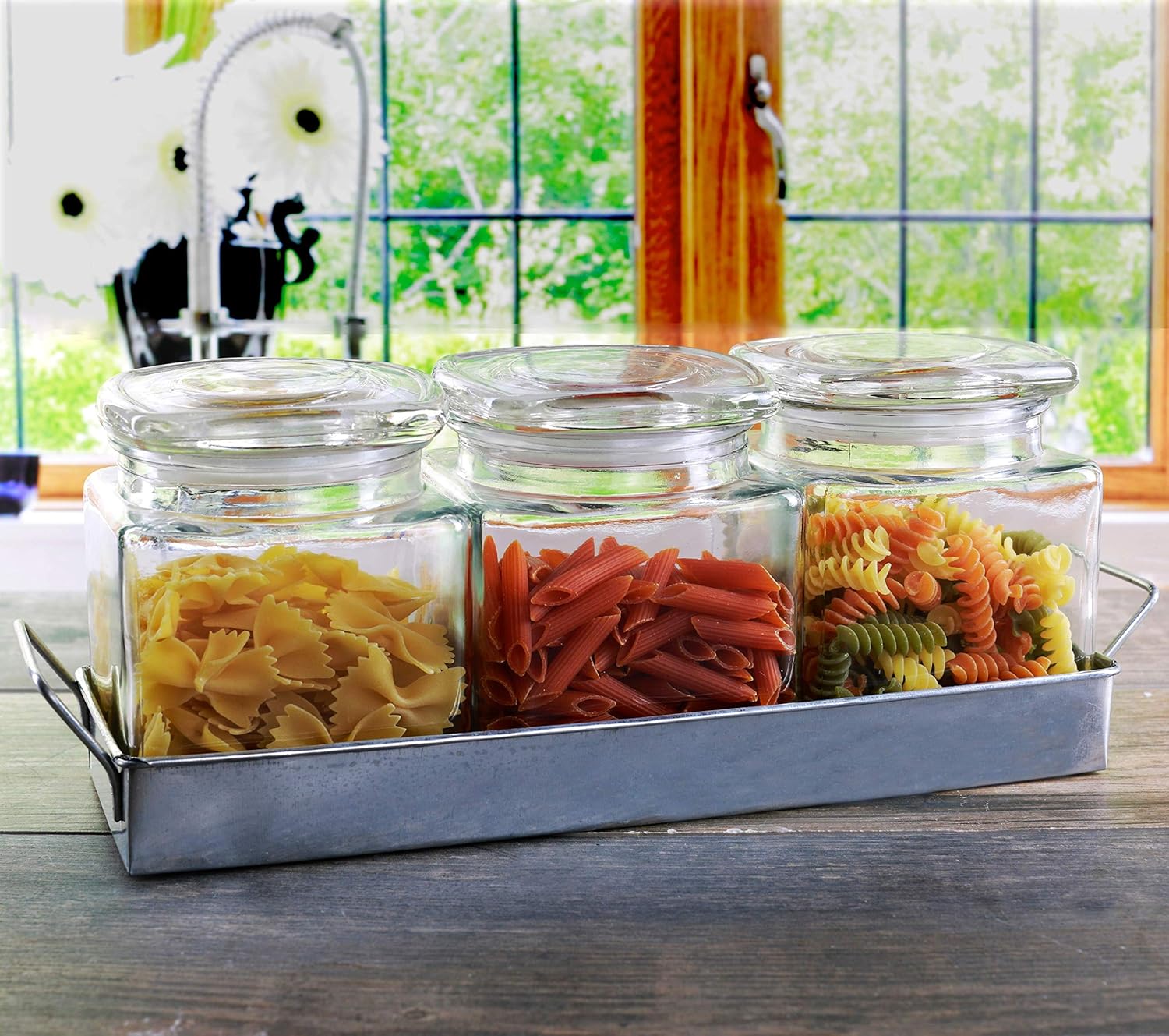Circleware 68217 Country Glass Canister Jars, 3-Piece Set with Lids and Metal Caddy, Farmhouse Decor Home Kitchen Utensils Food Preserving Containers, Coffee, Sugar, Tea, Spices, Cereal, 27 oz, Clear