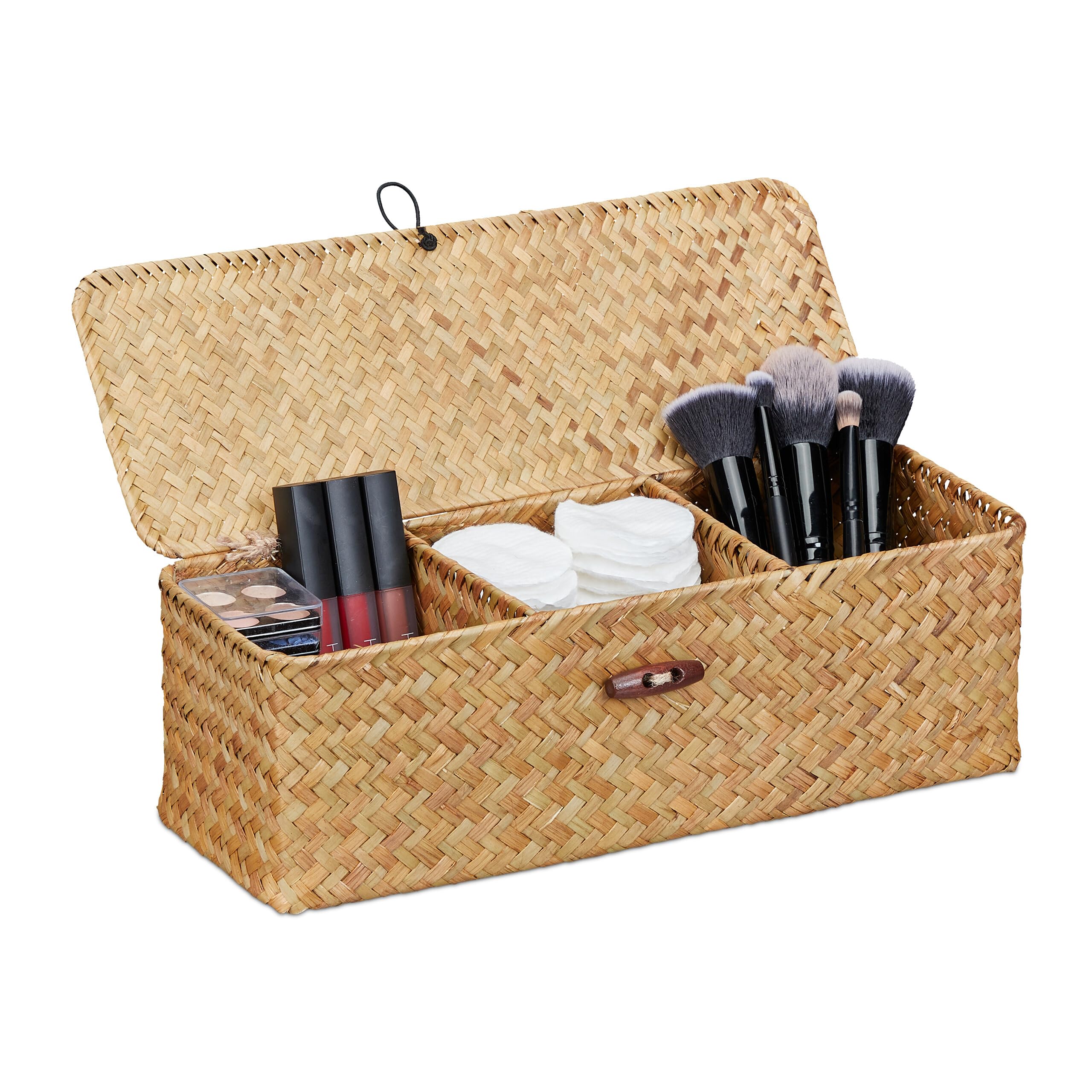 Relaxdays Storage Box, with Lid, Seagrass, 3 Compartments, Versatile Storage, HxWxD: 11 x 33 x 12.5 cm, Basket, Natural
