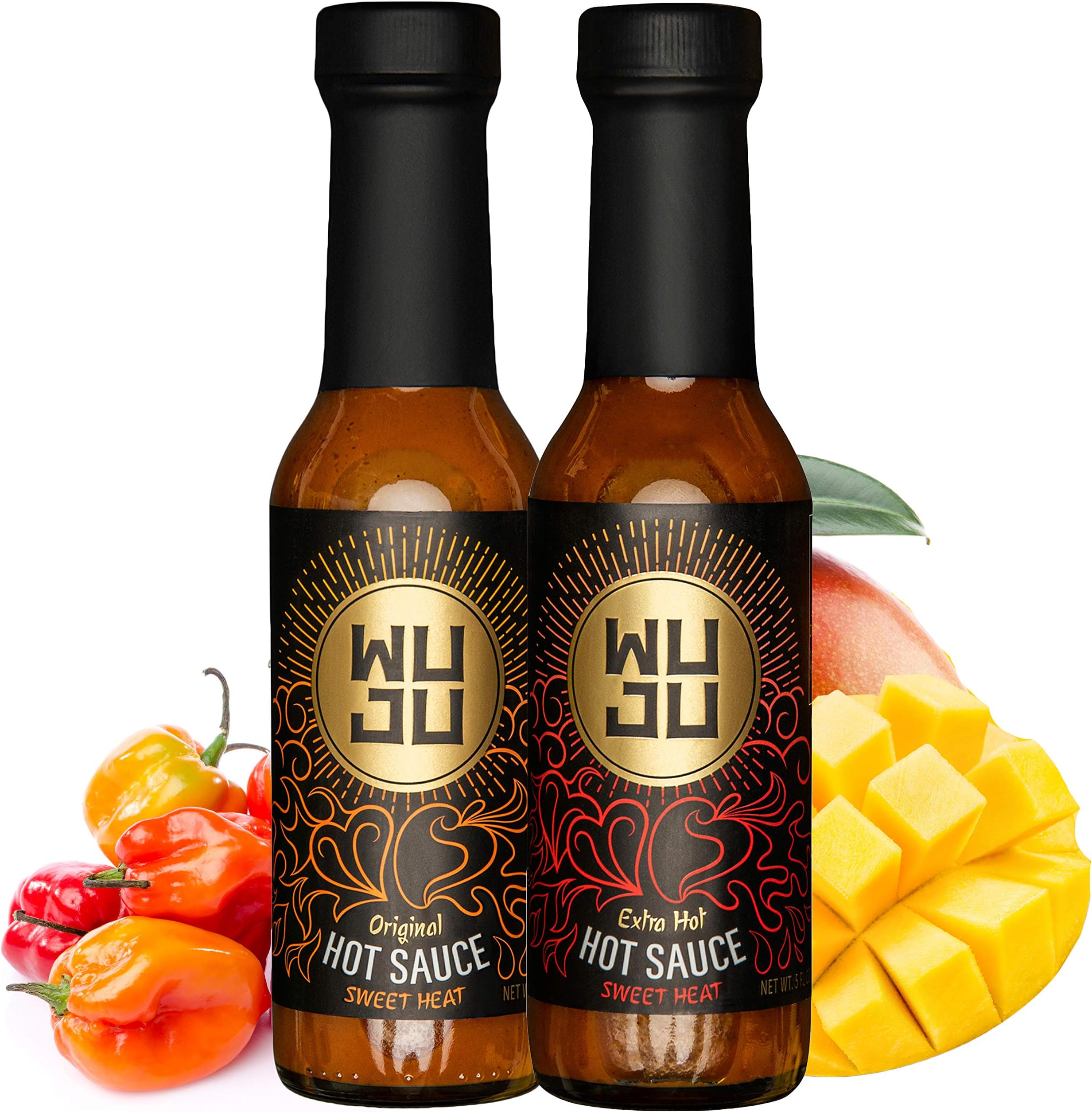 WUJU Hot Sauce Sampler - Original Hot Sauce + Extra Hot Sauce - Agave Based Hot Pepper Sauce - All-Natural Habanero Hot Sauce - Hot Hot Sauce, Low Sodium, No Preservatives - 2 Flavors, 5 Ounces Each