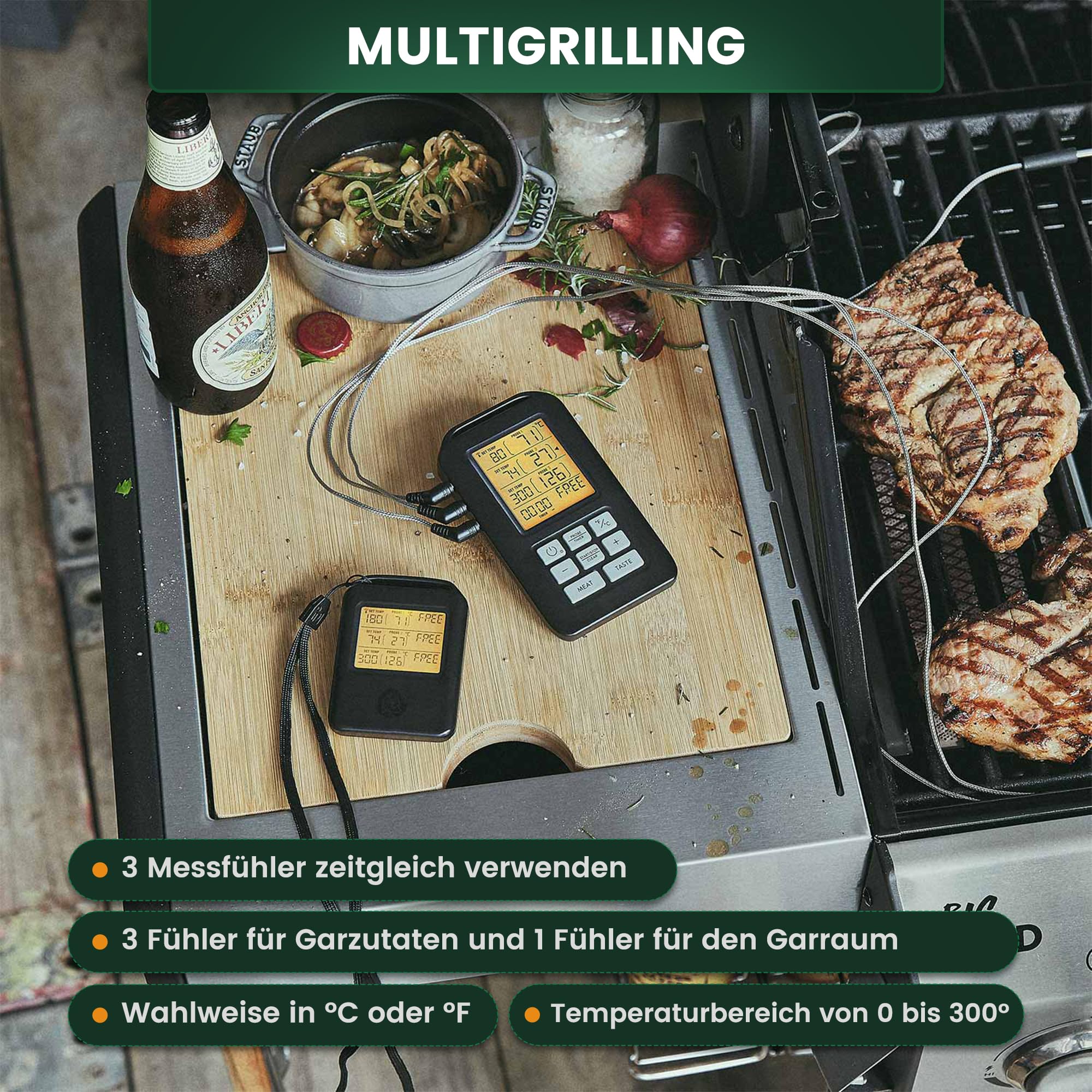 BURNHARD® Funk Grillthermometer mit 4 Temperaturfühlern, 30m Reichweite, Digital Braten-Thermometer für Grill & Backofen, Timer, BBQ Thermometer, Grillzubehör für Fleisch & Fisch 4