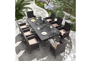 Delnavik 10pcs Patio Outdoor Dining Set, Wicker Patio Furniture Set of 8 Rattan Chairs with Soft Cushions and Two Square Table with Umbrella Cutout, Sand