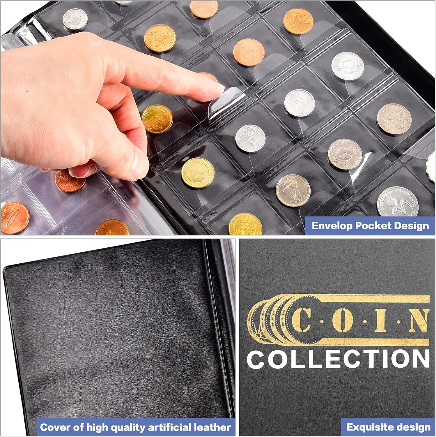 Coin Collection Holder Album 288 Pockets Book for Collectors, Coins Collecting Supplies Storage Organizer Fits for 20/25/27/30mm Coins, Penny, Quarters, Tokens, Medallions Display Case.-Black : Office Products