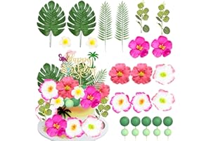 Gyufise 27 Pack Flower Cake Topper Hawaiian Flamingo Happy Birthday Cake Decorations Palm Leaves Hibiscus Balls for Hawaii Aloha Jungle Summer Theme Wedding Birthday Baby Shower Supplies Pink