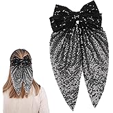 JazSwirl Hair Bows for Women, 20x38cm Large Hair Bows Clip Black and Silver Cute Hair Bows, Hair Bow Clips Ribbon Bows for Hair (Black)
