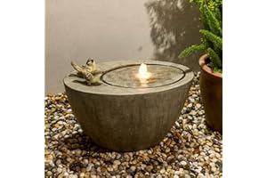 Glitzhome Water Fountain Outdoor Waterfall Fountain 17.6" H, Outdoor Freestanding Fountains with Submersible Pump & LED Light, Garden Water Fall Fountains with Decorative Birds for Patio Deck Porch
