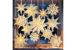 OUMUAMUA 12 Pcs Christmas Paper Snowflake Lanterns, 3D Christmas Paper Star Lanterns with LED Lights, 10/12 Inch White Hanging Snowflake Lamps for Xmas Winter Frozen Weddings New Year Party Decorations