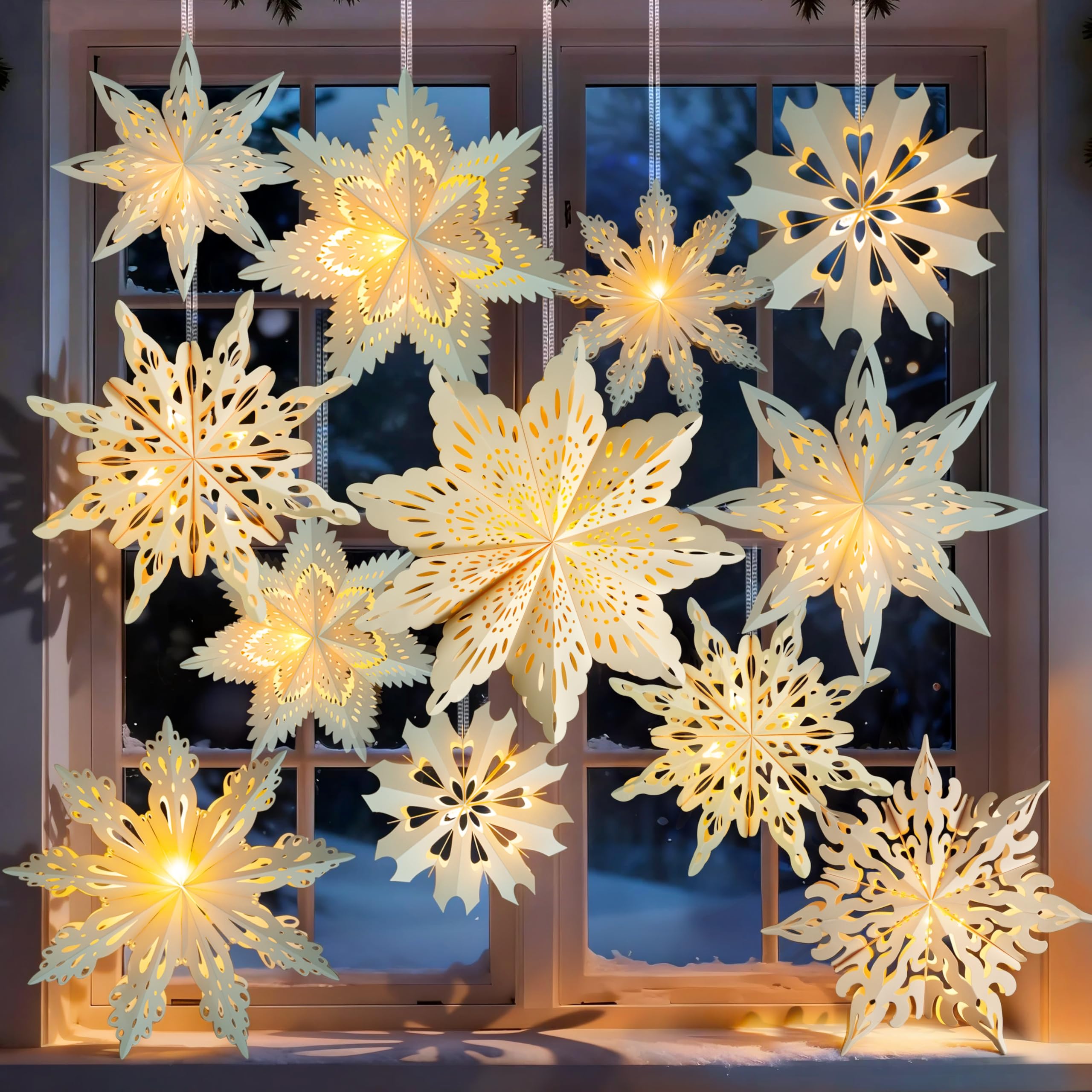 Photo 1 of 12 Pcs Christmas Paper Snowflake Lanterns, 3D Christmas Paper Star Lanterns with LED Lights, 10/12 Inch White Hanging Snowflake Lamps for Xmas Winter Frozen Weddings New Year Party Decorations