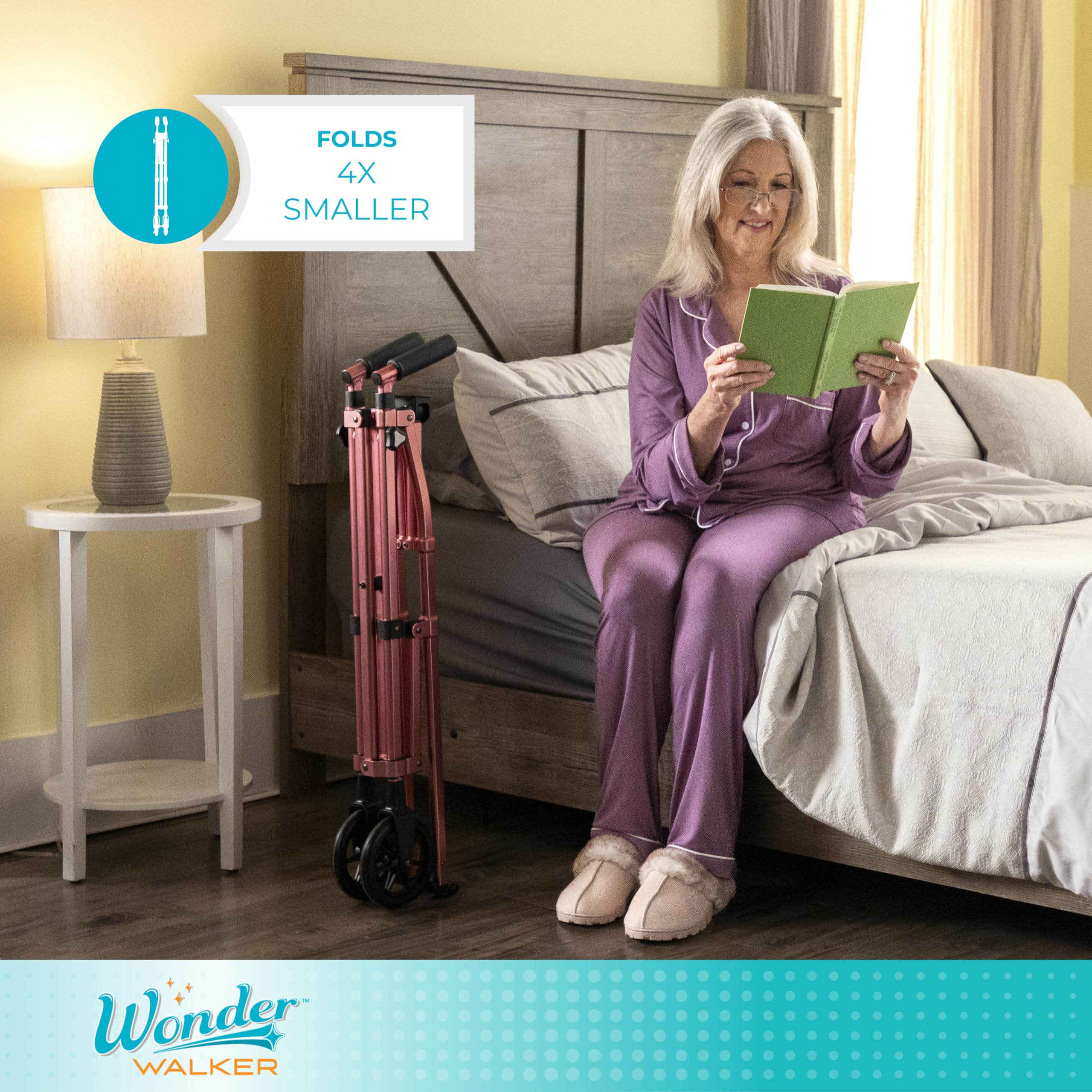 Stander Space Saver Walker, Lightweight Folding Rolling Mobility Aid for Seniors & Adults, Compact 2-Wheel Disability Device with 6-inch Wheels & Ski Glides for Walking Support, Cobalt Blue