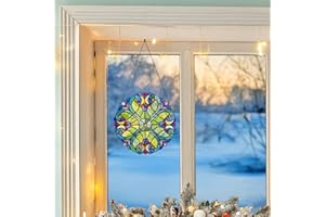 RIVER OF GOODS 12" H Mini Halston Heart Stained Glass Window Panel - Hanging Suncatcher with Stained Glass Panels for Window - Green/Blue