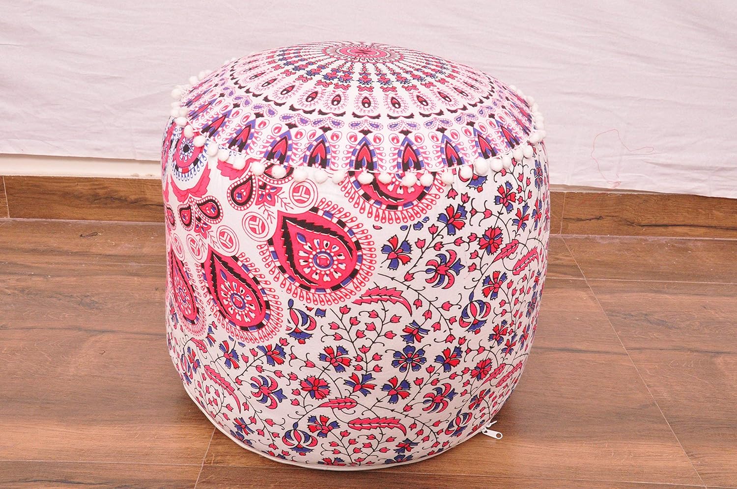 Salon Meubles Napravi Rs Bazzaree Indien Motif Floral Rose Et Bleu Fait Main Pouf Ottoma Cnover Indien Repose Pieds Coussin De Sol Pouf Avec Franges Multicolore 38 1 X 45 7 Cm 100 Coton