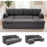 Huatean Home 100" Sleeper Sofa Couch, Sectional Sofa Bed, Dark Grey | 100 inch 2 in 1 Pull Out Couch with Double Storage Chaise, Sectional Sleeper Sofa Bed with Side Pocket for Living Room