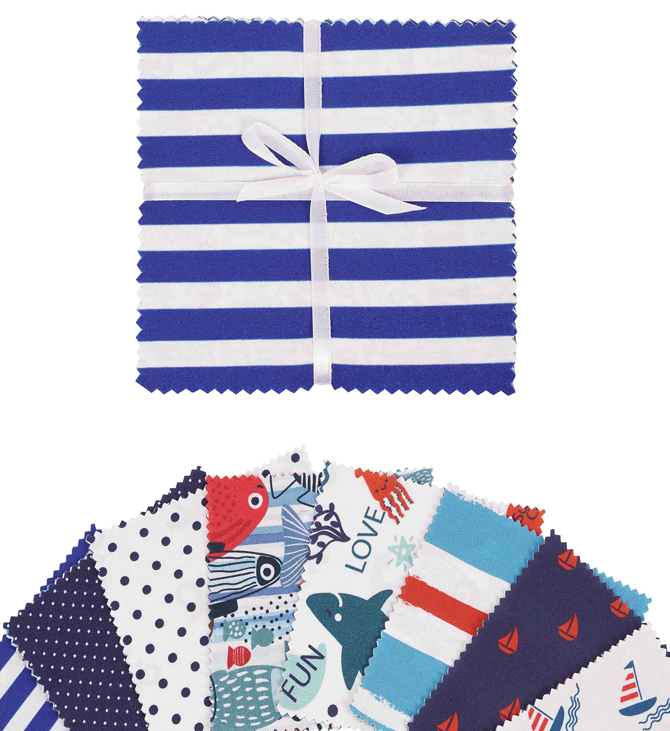 Soimoi Precut 10-inch Nautical Prints Cotton Fabric Bundle Quilting Squares Charm Pack DIY Patchwork Sewing Craft- White & Blue