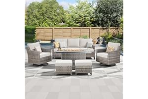 AMCLOBA Patio Furniture Set with 42.5" Fire Pit Table-6 Pieces All Weather Wicker Outdoor Furniture with High Back Swivel Patio Chairs Set of 2 Outdoor Couch for Deck Balcony Backyard Beige/Gray