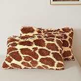 XeGe Fluffy Faux Fur Giraffe Print Pillow Cases, 2 Pack Home Decorative Soft Plush Fuzzy Long Bed Pillow Covers, 20x36 Cute Shaggy Furry Pillow Shams with Zipper for Bedroom Living Room, Brown, King