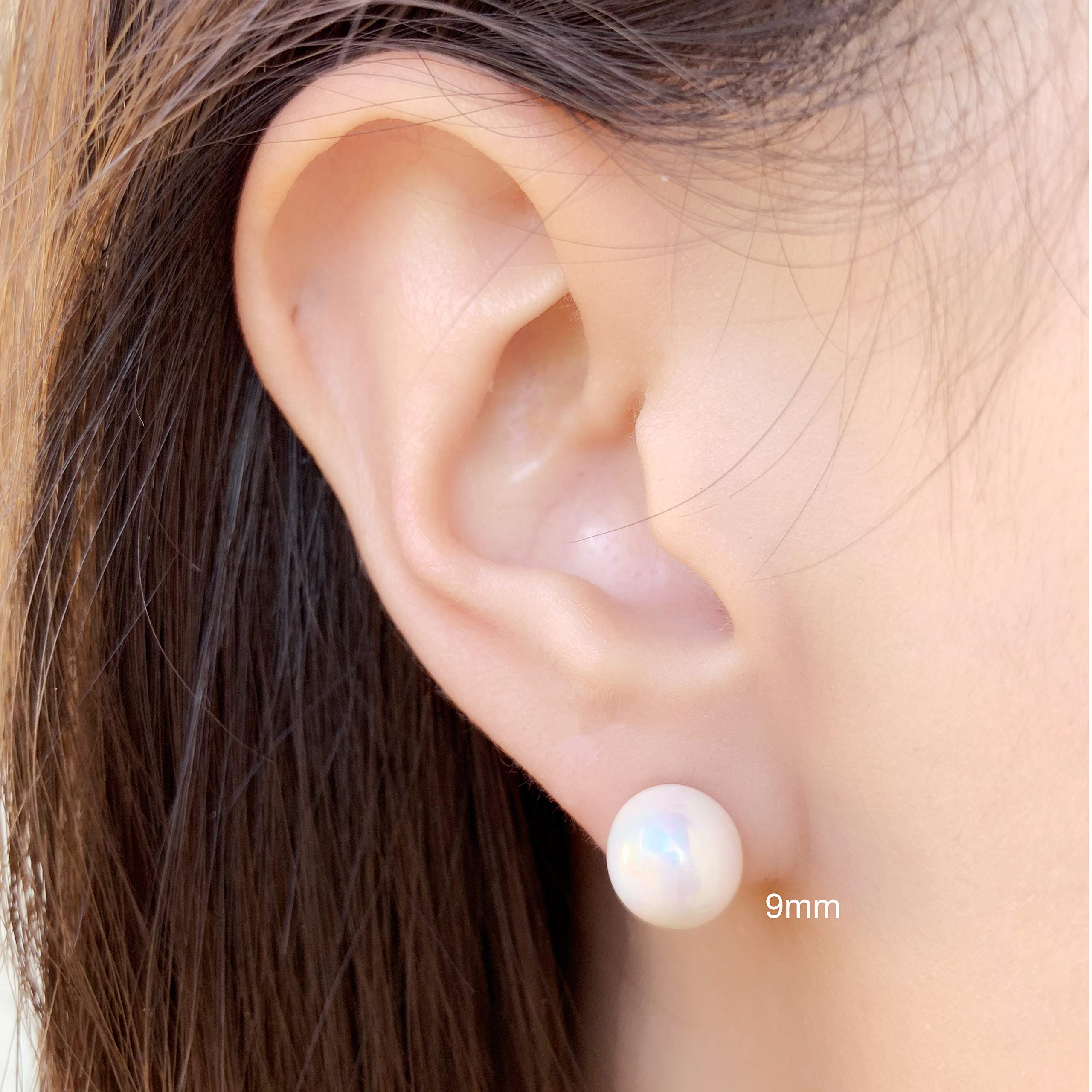 White Smooth Round Shell Base Imitation Pearl Rhodium Plated 925 Sterling Silver Stud Earrings, 9mm