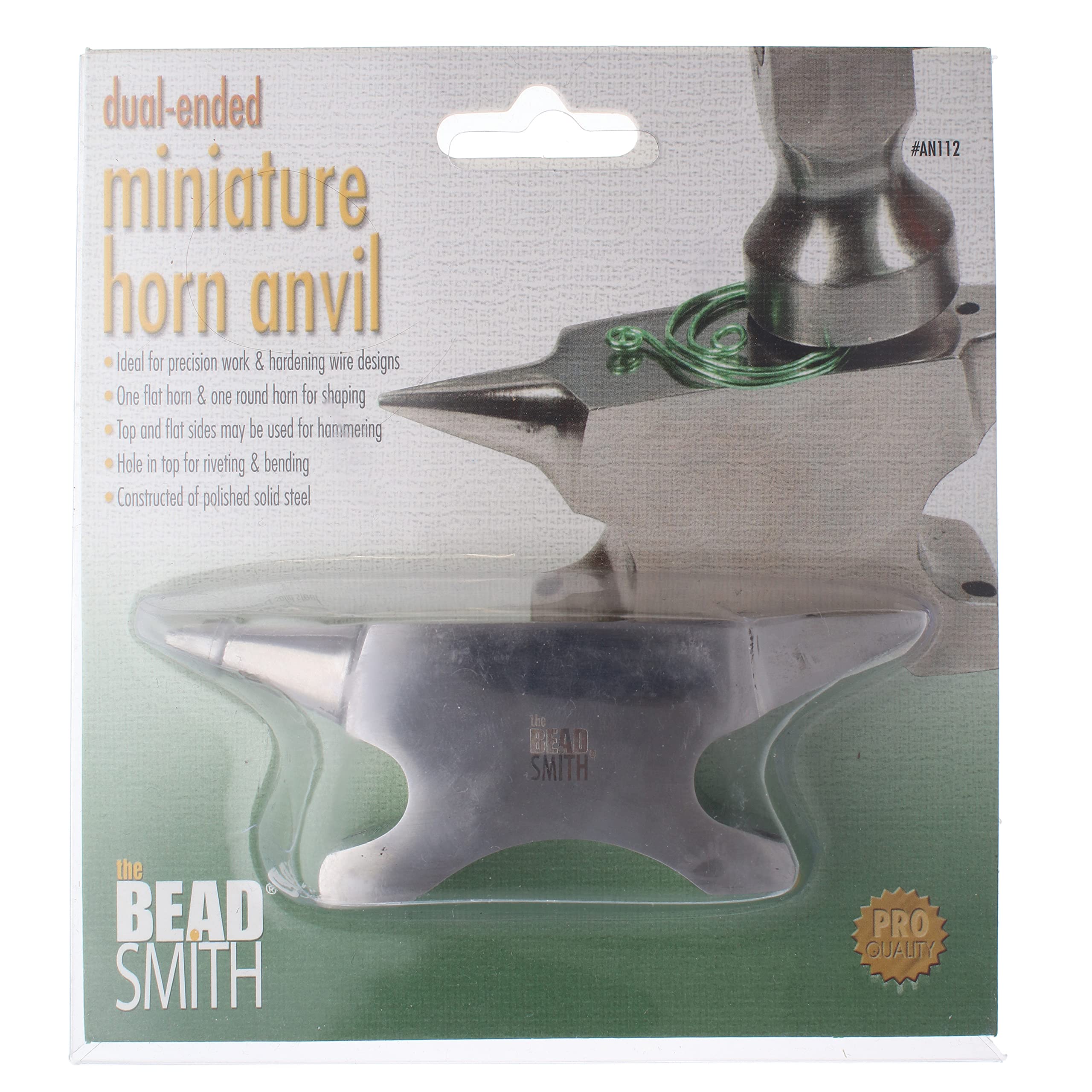 The Beadsmith Dual-Ended Horn Anvil – Mini Size 2.5 x 1 x 1.5 inches – 118mm Tip to Tip – 13.11oz/0.82lbs – Made of Solid Stainless Steel – Flat Horn and Rounded Horn – Use for Hardening Wire Designs