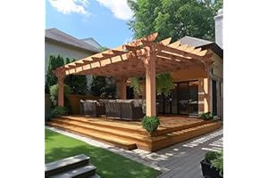 Yardenaler 12 x16 FT Wooden Pergola, Cedar Wood Gazebo with Flat Roof, Outdoor Garden Shelter with Stakes Included, Patio, Deck, Backyard, Lawn