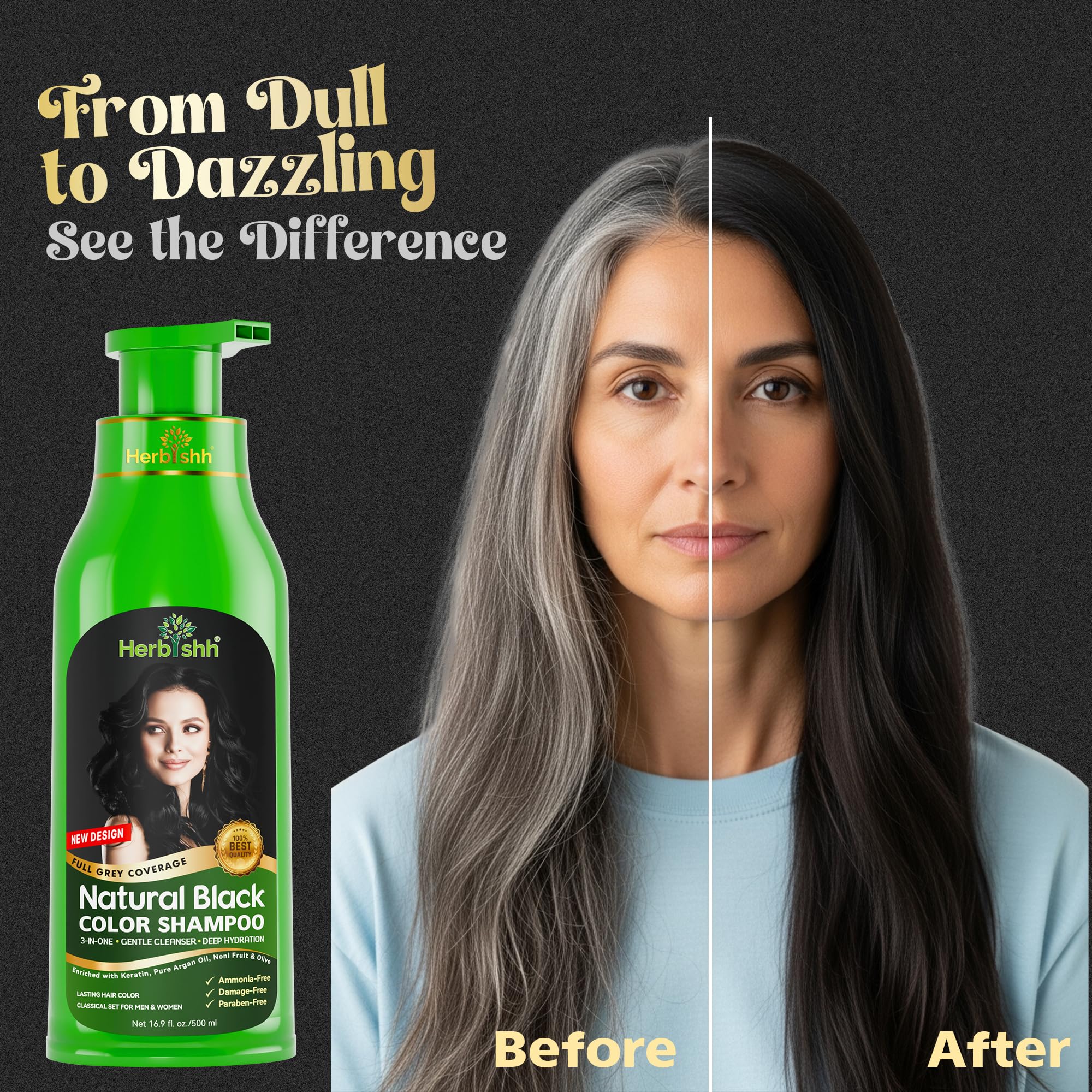 Herbishh Hair Color Shampoo for Gray Hair – Natural Hair Dye Shampoo – Colors Hair in Minutes – Lasts Up To 3-4 Weeks – 500ML – 3-In-1 Hair Color – Colors, Cleanses, and Conditions (Black)