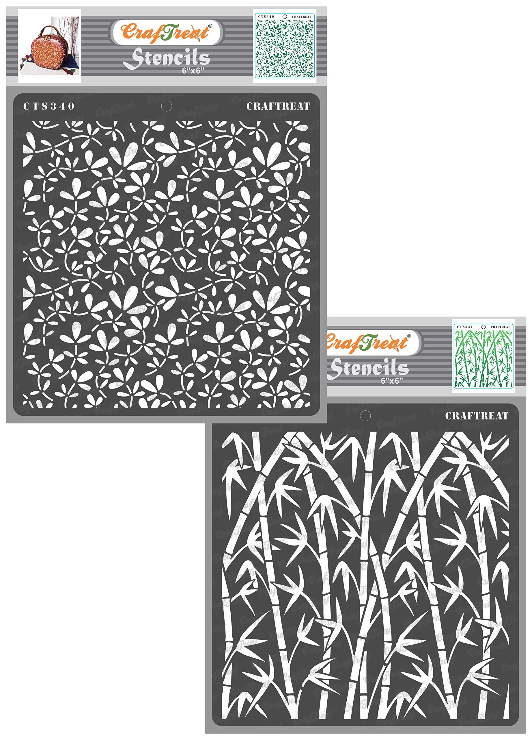 CrafTreat Reusable Leaf Stencils for Painting on Wood, Canvas, Paper, Fabric, Floor, Wall and Tile - Foliage 1 and Bamboo Forest (2 Pcs) -6x6 Inch Each - DIY Art and Craft Stencils